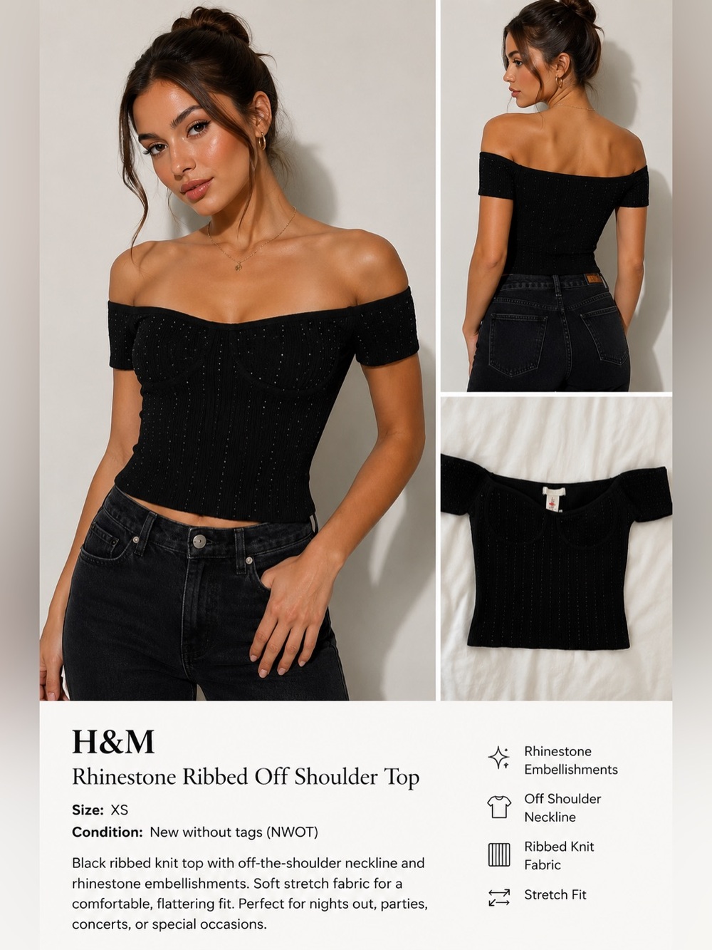H&M Black Rhinestone Ribbed Off Shoulder Top XS NWOT Y2K Glam